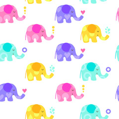 Seamless pattern of four cute characters cartoon kawaii elephants: pastel blue, yellow, lilac and pink with flower patterns on white background. Baby children colors. Flat vector illustration