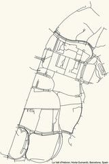 Black simple detailed street roads map on vintage beige background of the La Vall d'Hebron neighbourhood of the Horta-Guinardó district of Barcelona, Spain