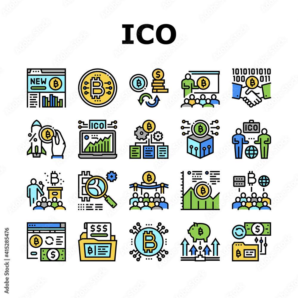 Aufkleber ico initial coin offer collection icons set vector. ico platform and successful start, presentation 