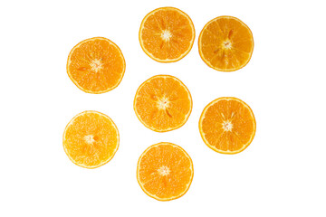 Slices of orange or tangerine isolated on white background. Flat lay, top view. Fruit composition