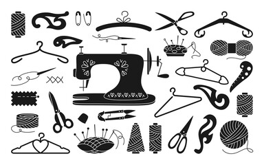 Sewing tools black glyph set, thread and scissors, yarn, needle bar, pin needle. Sewing accessories for hobby. Dressmaking needlework stitch fancywork, machine embroidery. Vector illustration
