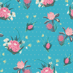 Aqua proteas with flannel flowers Australian natives seamless vector repeat pattern. Vector illustration with protea, flannel flower motif on a subtle polka dot background © Moondani 