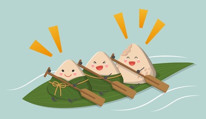 Festivals in China and Taiwan: Dragon Boat Festival, Oriental traditional food made of glutinous rice, cartoon characters rowing