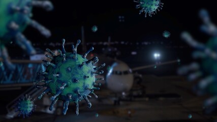 3D illustration coronavirus over plane parked at international airport on night.