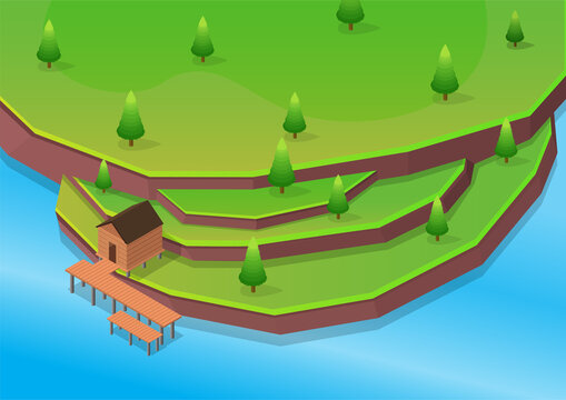Isometric beach with wooden house