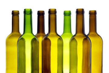 EMPTY WINE BOTTLES ON WHITE BACKGROUND FOR SUSTAINABLE INDUSTRY GLASS RECYCLING. SUSTAINABILITY