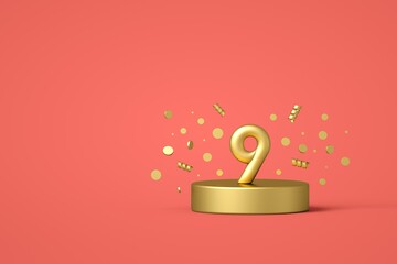 Happy 9th birthday number with festive confetti and spiral ribbons on a golden podium. 3D Render