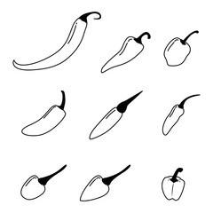 Set simple sketch icon red hot chili peppers and bell peppers. Doodle, cartoon drawing illustration.