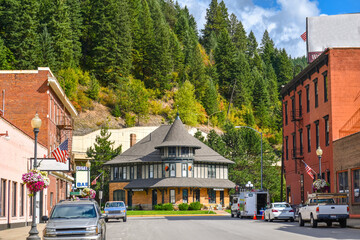 Picturesque turn of the century buildings in the historic mining mountain town of Wallace, Idaho,...
