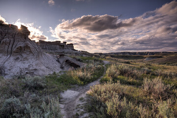 trail through desert valley at sunset, Dinosaur Provincial Park, Alberta