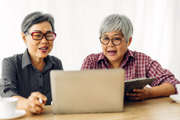 Portrait of two friend happy senior adult elderly asia women smiling and working with laptop computer at home.Retirement concept