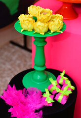 candies in yellow flowers box, condensed milk candy balls, candy balls, sweets table