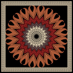 Floral colorful mandala pattern. Square frame. Vector ornamental background. Decorative tribal ethnic backdrop. Greek ornaments. Abstract round flower with zigzag lines, greek key, meanders, borders