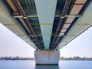 快晴の青空を背景にした橋梁下部と川の風景