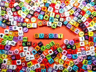 Selective focus.Colorful dice with word BUDGET on red background.Shot were noise and film grain.