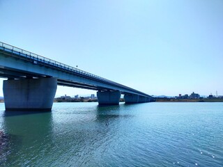Fototapeta na wymiar 快晴の青空を背景にした川とそこに架けられた橋の風景