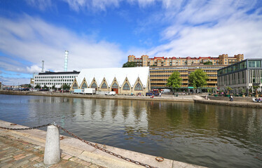 Gothenburg, Sweden. Gothenburg is the second largest city in Sweden.  Historic landmark Fish market (Feskekôrka) by the river.