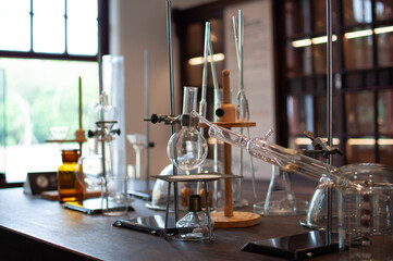 Fototapeta na wymiar Beakers and flask glasses in chemistry science laboratory.
