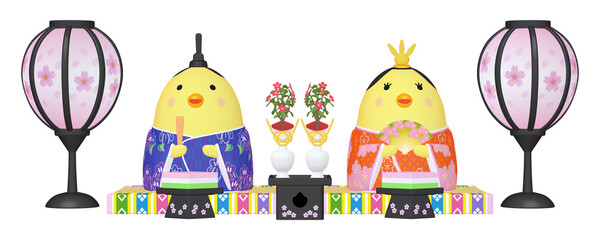 ひよこのひな人形とひな飾り　（1_1）　ぼんぼり・三宝・ひし餅のセット　男雛右・女雛左 © junta creation