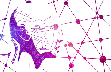 Humanoid robot head. Robotics industry relative image. Molecule and communication technology background. Connected lines with dots.
