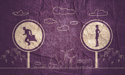 Man with briefcase running from woman. Road signs with human icons. Thin line style scene