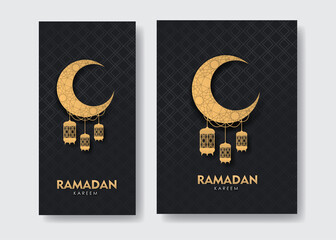 Ramadan Kareem Banner Set. Golden Moon and Lamp on Black Background Vector Illustration for greeting card, poster and voucher.