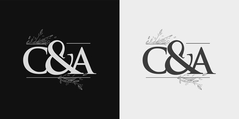 CA Initial logo, Ampersand initial Logo with Hand Draw Floral, Initial Wedding Font Logo Isolated on Black and White Background.