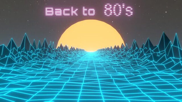 Digital 80s abstract 3D animation background. Retro dance party sci-fi seamless loop. Futuristic sunset neon lights and low poly terrain.