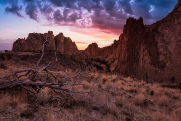 Beautiful American Mountain Nature Landscape. Dramatic Colorful Sunset Sky Art Render. Taken in Smith Rock, Redmond, Oregon, America.
