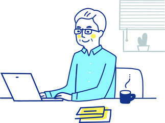 リモートワークをする中高年男性