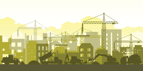 Silhouette of building work process with construction machines.