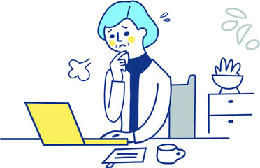 困っている表情のリモートワーク中の中高年女性