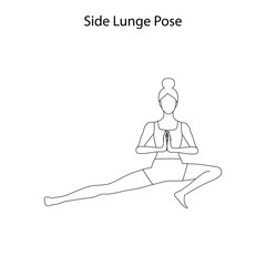 Side lunge pose yoga workout outline. Healthy lifestyle vector illustration
