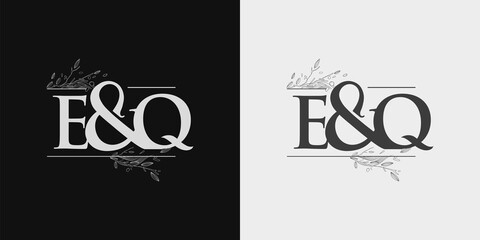 EQ Initial logo, Ampersand initial Logo with Hand Draw Floral, Initial Wedding Font Logo Isolated on Black and White Background.