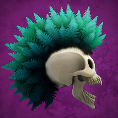Skull and Turquoise Fern on pink background
