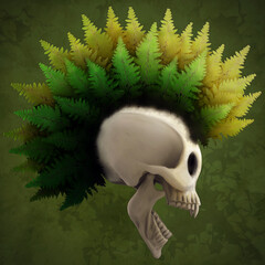 Skull, Green and Yellow Fern on green background