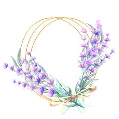 Lavender flowers in a round gold frame. Hand-drawn watercolor illustration. For invitations, greeting cards, prints, posters, advertising.
