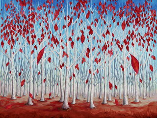 Birch Forest With Red Leaves