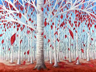 Birch Tree, Forest With Red Leaves