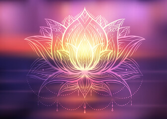 Spiritual symbol of lotus with tribal decoration on blurred ocean and sunset background. Calm and meditation. Water lily with boho ornament on sunrise sea.