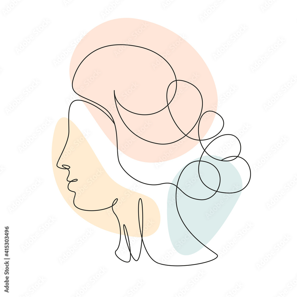 Wall mural Continuous one line drawing of a woman's face. Elegant minimalist portrait of Aphrodite with abstract pastel shape for a logo, emblem or web banner. Vector illustration