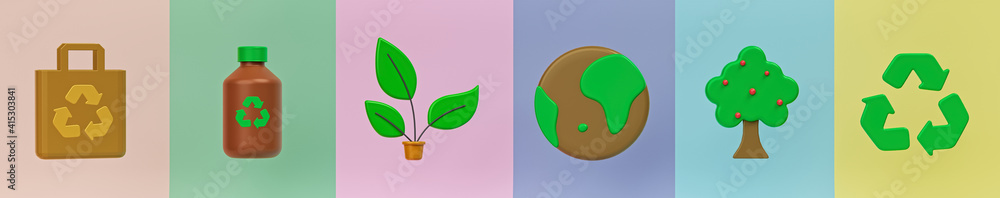 Poster ecology, environment and nature related icon set. minimal collection banner. 3d rendering