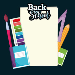 Back to School blank paper with color palette brush ruler and pencil