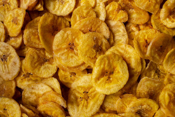 View of crispy banana chips. Common Indian savory item