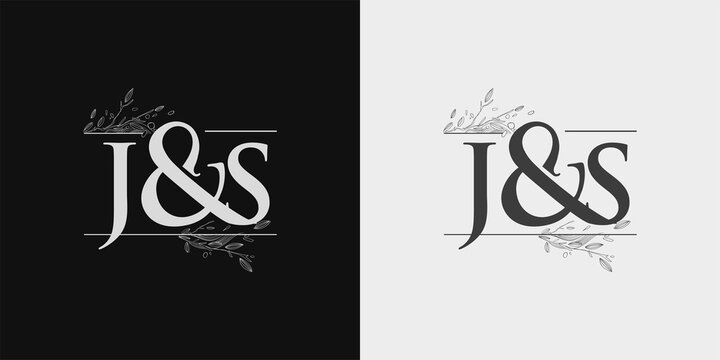 JS Initial logo, Ampersand initial Logo with Hand Draw Floral, Initial Wedding Font Logo Isolated on Black and White Background.