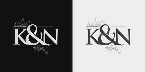 KN Initial logo, Ampersand initial Logo with Hand Draw Floral, Initial Wedding Font Logo Isolated on Black and White Background.
