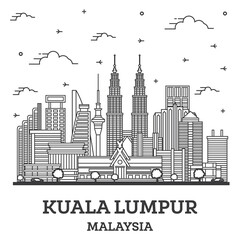 Outline Kuala Lumpur Malaysia City Skyline with Modern Buildings Isolated on White.
