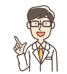 指差しする白衣の男性