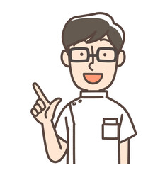 指差しする白衣の男性