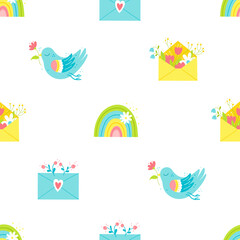 Seamless pattern background with cute cartoon elements. Envelope, bird, rainbow, heart, flowers. Hand drawn colorful vector illustration. 